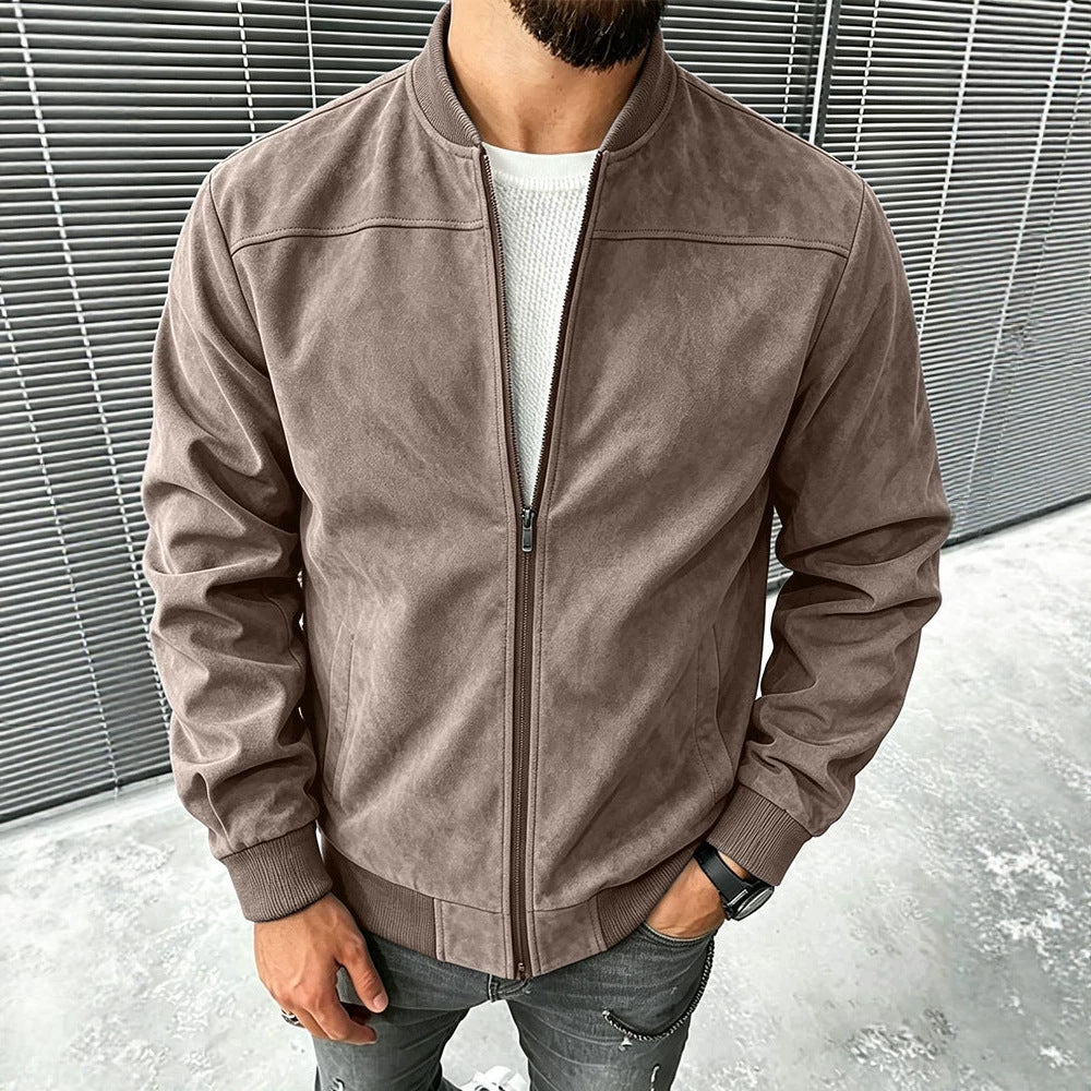 Men's Suede-Like Bomber Jacket with Zipper and Ribbed Cuffs Mune Fashion