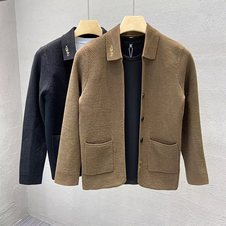 Men's Structured Knit Cardigan with Shirt Collar, Button Placket and Patch Pockets Mune Fashion