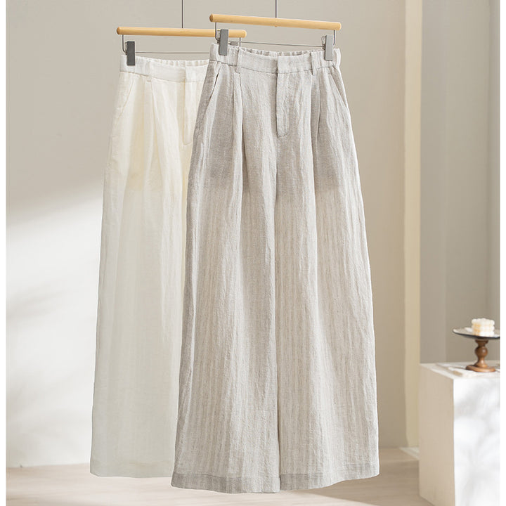 Women's Light High-Waist Linen Mix Palazzo Pants with Wide Leg, Pleats and Elastic Back Mune Fashion