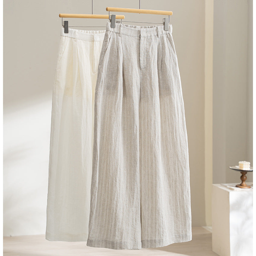 Women's Lightweight Linen Trousers with Wide Leg, Pleats and Elastic Back Mune Fashion