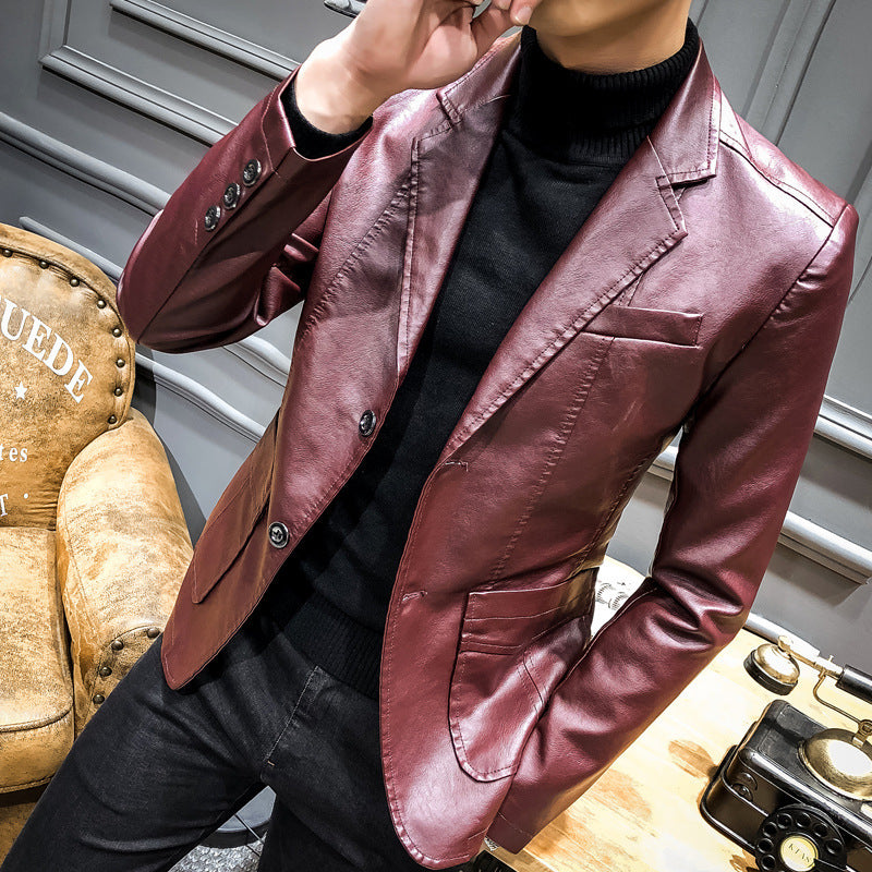Men's Faux Leather Blazer in Slim Fit with Chest Pocket and Patch Pockets Mune Fashion