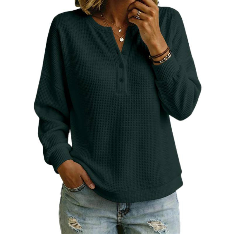 Women's Waffle Knit Henley Sweater with Oversized Cut Mune Fashion
