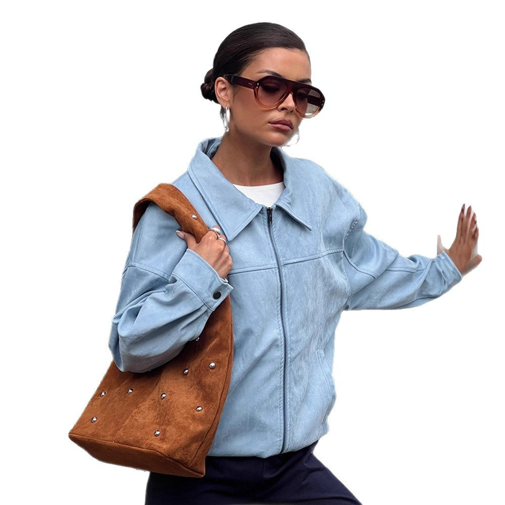 Women's Lightweight Suede-Look Blouson with Shirt Collar, Full Zipper and Boxy Silhouette Mune Fashion