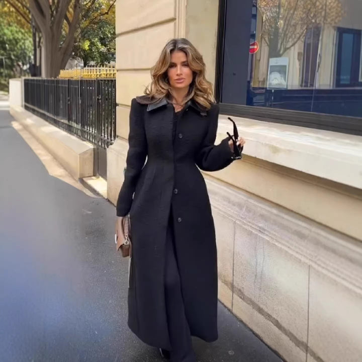 Women Tailored Maxi Long Wool Blend Coat with Leather Collar and Full Button Placket Mune Fashion