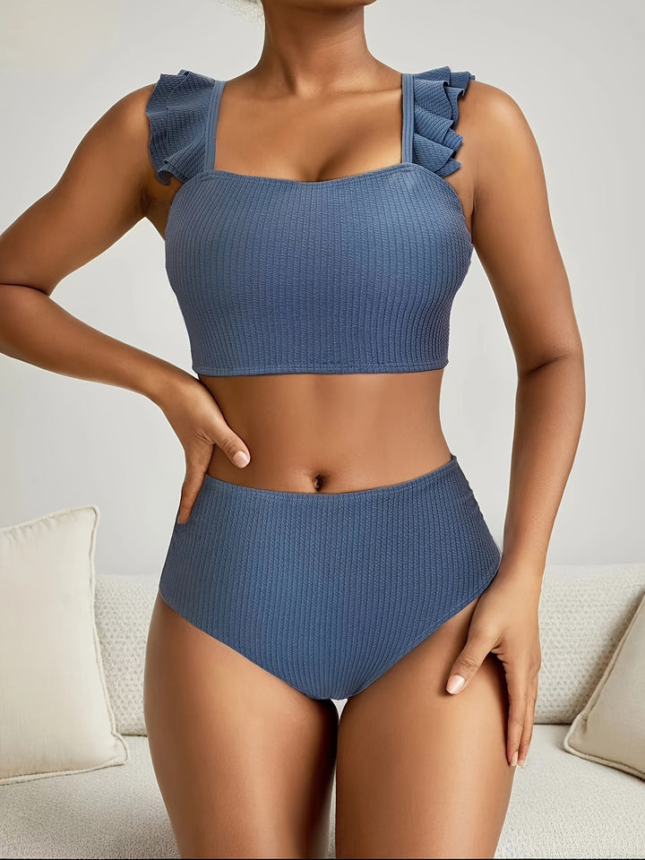 Women's High-Cut Swim Top with Ruffle Details and Matching Bikini Bottom Mune Fashion