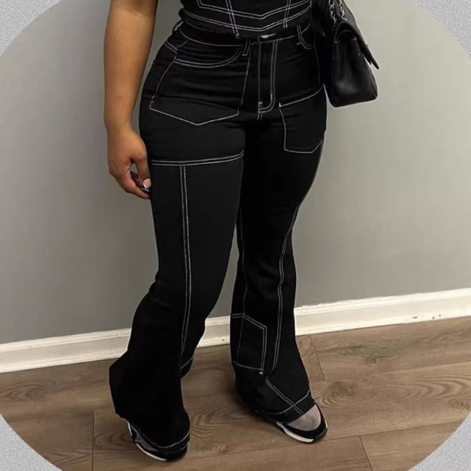 Ladies High-Waist Flared Jeans with Contrast Stitches and Cargo Inserts Mune Fashion