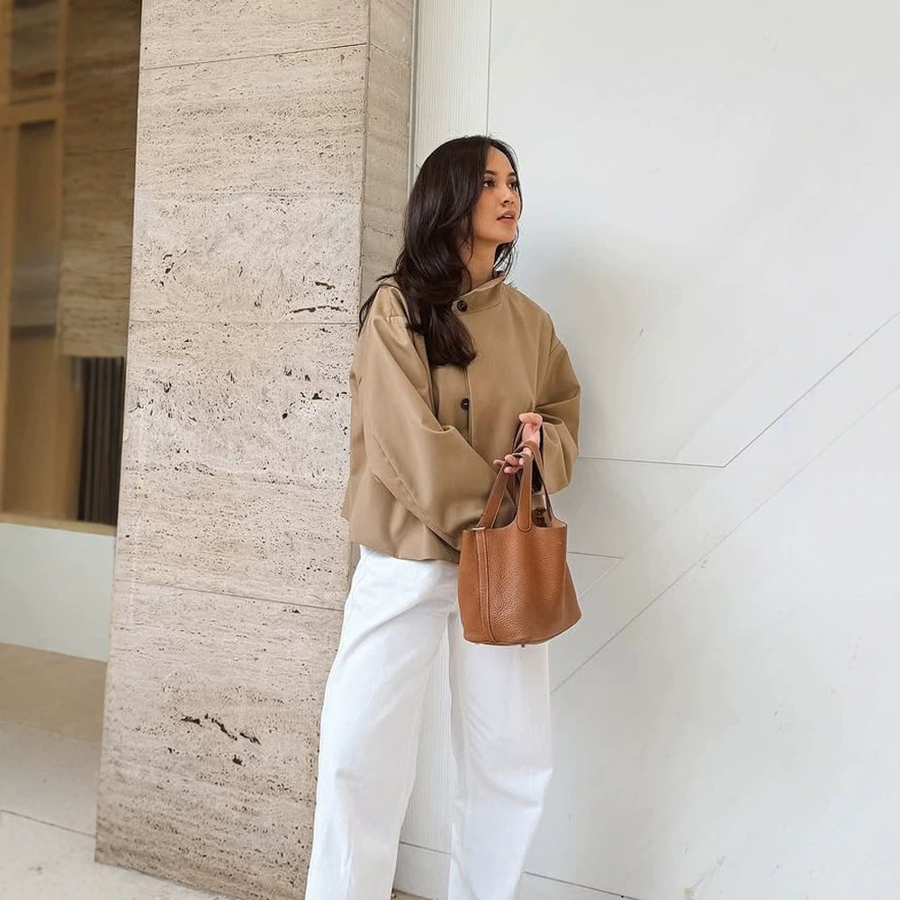 Women's short A-line coat jacket with stand-up collar and asymmetrical button placket Mune Fashion