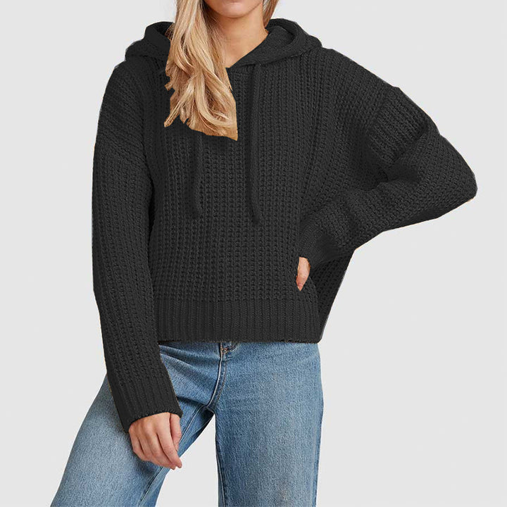 Women's chunky knit hoodie with waffle texture, dropped shoulder and short hem Mune Fashion