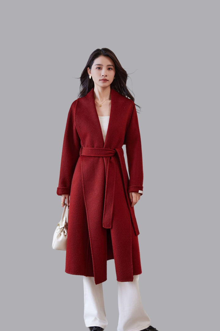 Ladies Mid-length Wrap Coat with Tied Belt and Shawl Collar Mune Fashion
