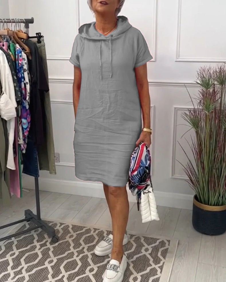 Women's nan legeres hooded dress with short sleeves, straight cut and drawstring Mune Fashion
