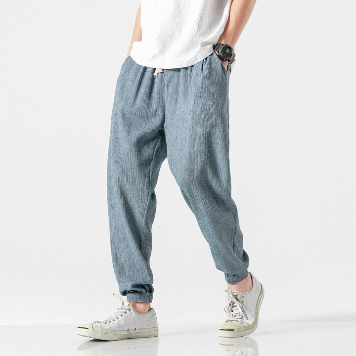 Men's Casual Linen Blend Jogging Pants with Drawstring, Ribbed Textured Fabric and Elastic Cuffs Mune Fashion