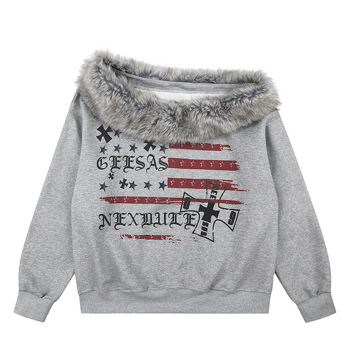 Women's Off-Shoulder Sweatshirt with Fake-Fur Collar, Relaxed Fit and Vintage Flag Print Mune Fashion