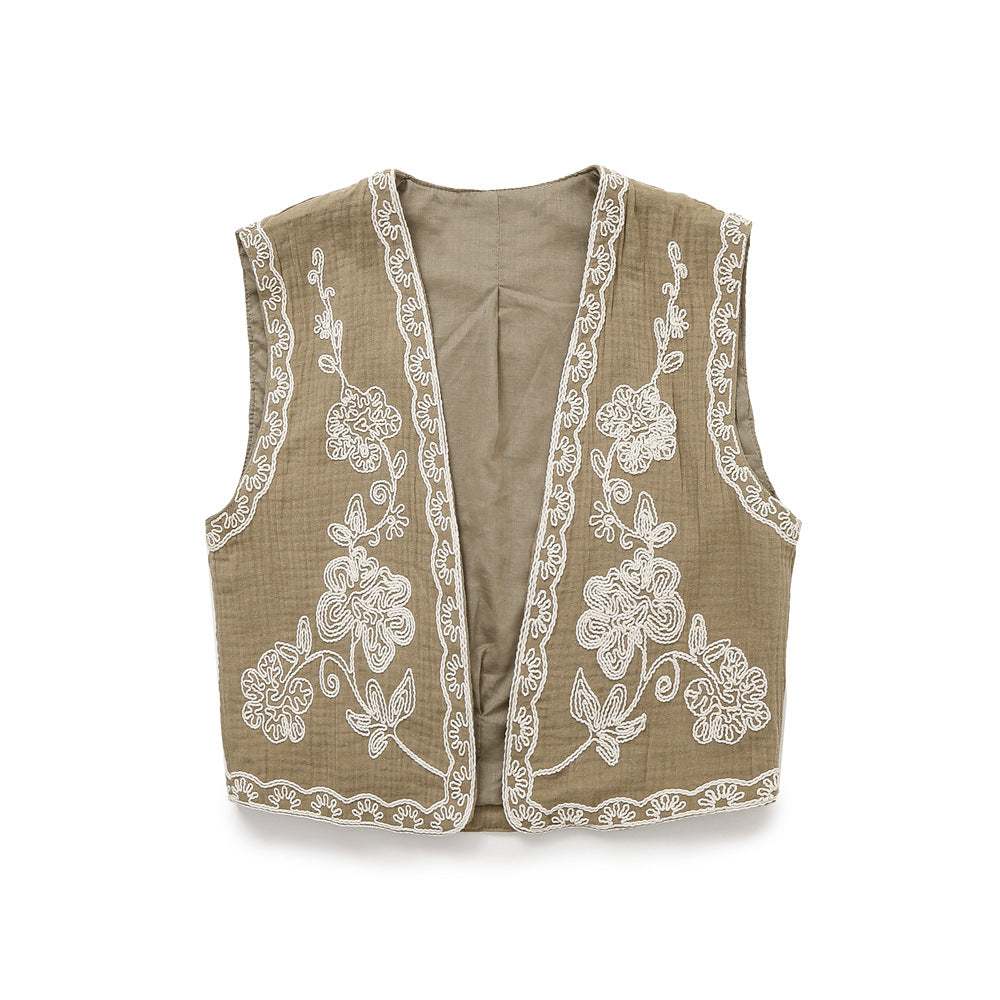 Women's Sleeveless Linen Vest with Floral Relief Embroidery and Open Front Mune Fashion