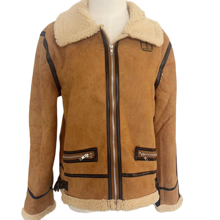 Women Short Cut Aviator Sheepskin Imitation Jacket with Teddy Lining and Faux Leather Trim Mune Fashion