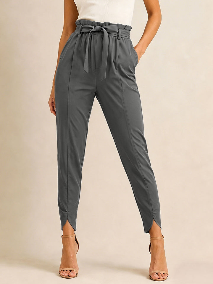 Women's high-waisted paperbag pants with tie belt and slit ankle hem Mune Fashion
