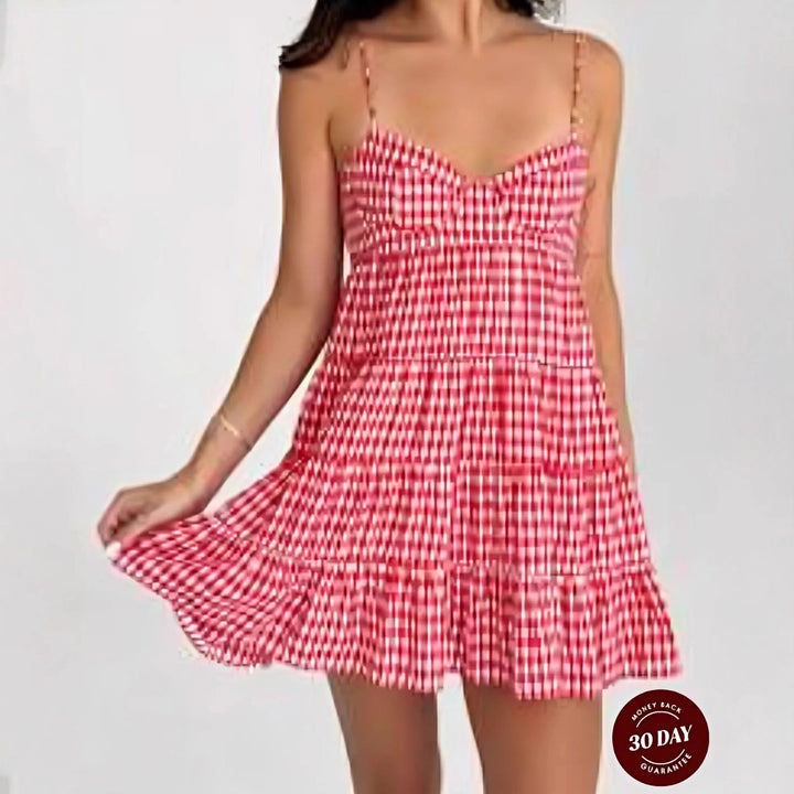 Women's airy checkered strap dress with heart-shaped neckline and tiered ruffle skirt Mune Fashion