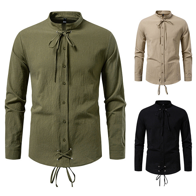 Men's Tailored Long Sleeve Shirt with Stand-Up Collar and Decorative Lacing Mune Fashion