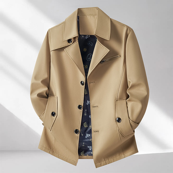 Men's transitional jacket in urban short trench style with notch collar, chest zipper, and patch pockets Mune Fashion