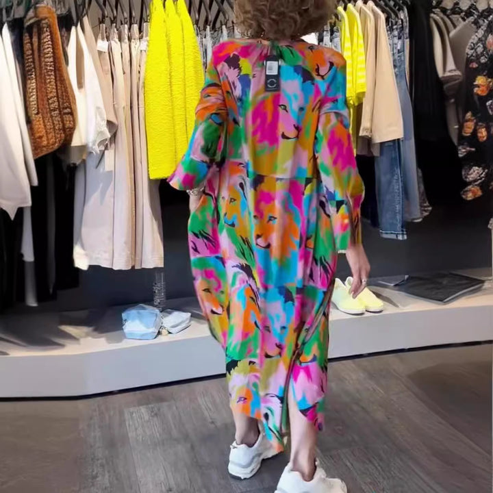 Women's shirt dress maxi dress with pop art lion print, button placket and side pockets Mune Fashion