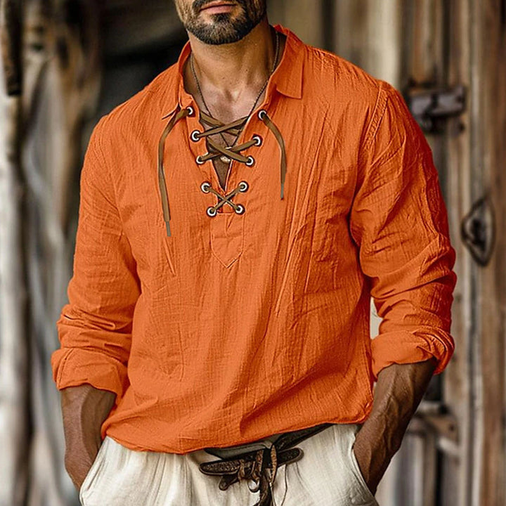 Men's rustic linen long sleeve shirt with V-lacing and textured weave structure Mune Fashion