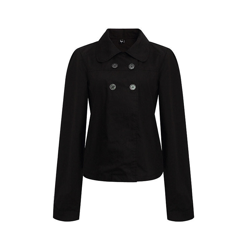 Women Tailored Lightweight Cotton Blouse Jacket with Round Collar and Double Button Row Mune Fashion