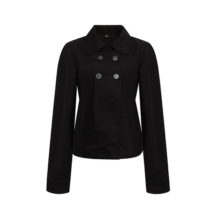 Women Tailored Lightweight Cotton Blouse Jacket with Round Collar and Double Button Row Mune Fashion