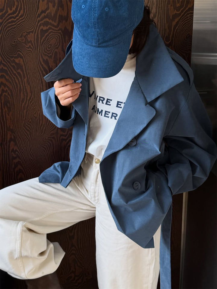 Women's Oversize Cropped Trench Coat with Wide Lapels and Tie Belt Mune Fashion