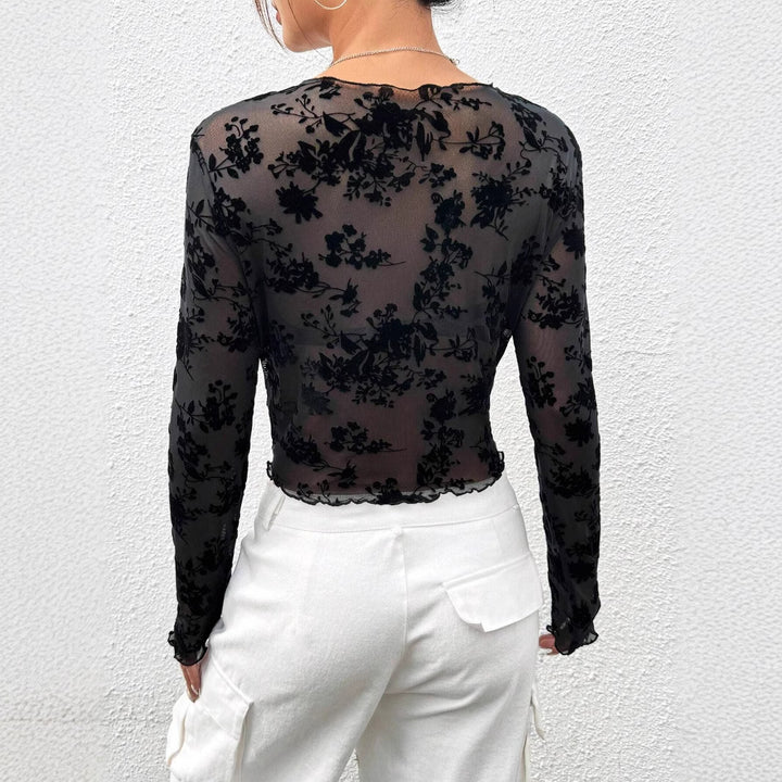 Women's non-cropped mesh top with floral velvet texture and gathered hem Mune Fashion