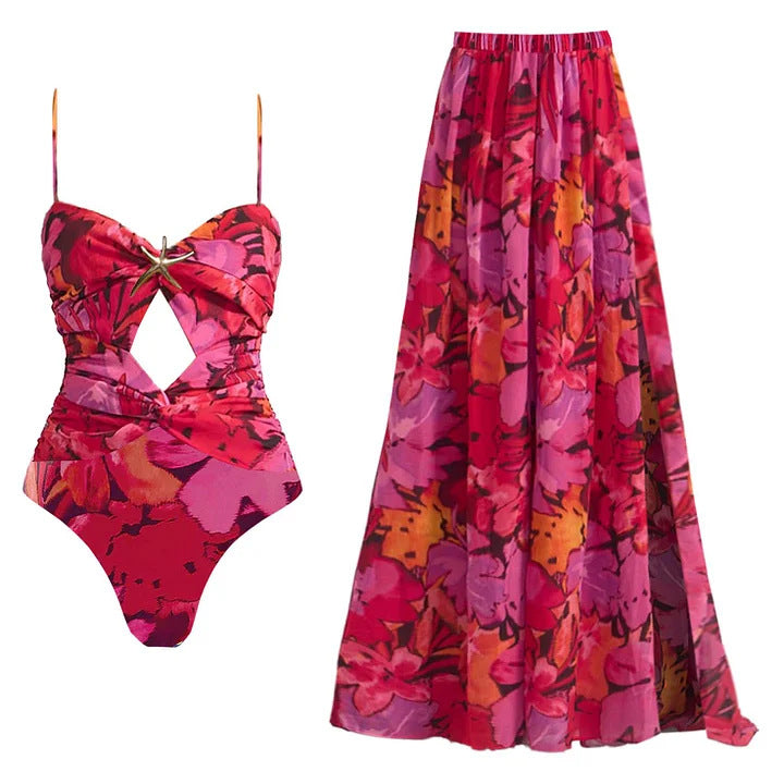 Women One-Piece Swimsuit with Sophisticated Cut-Out Design and Decorative Jewelry Mune Fashion