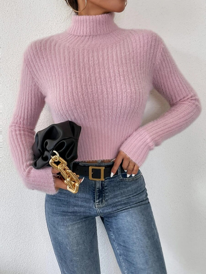 Women's Short Ribbed Turtleneck Sweater with Fluffy Mohair Look Mune Fashion