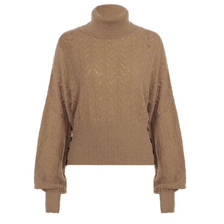 Women's short knit turtleneck with decorative button placket and balloon sleeves Mune Fashion