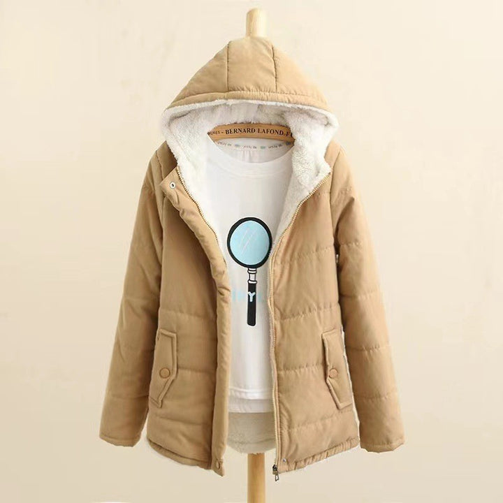 Women's quilted hoodie jacket with teddy lining, concealed snap button placket and patch pockets Mune Fashion