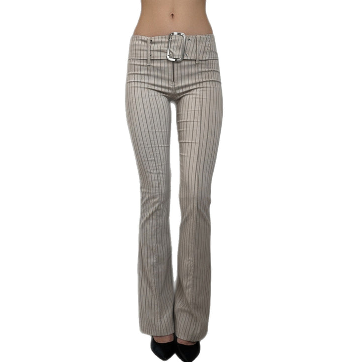 Women’s high-waisted pinstripe flared trousers with wide tie belt and figure-enhancing crease Mune Fashion