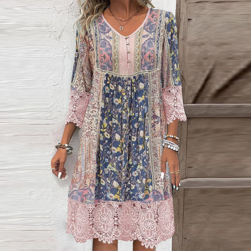 Women Boho Midi Dress with Floral Patchwork Print, Three-Quarter Sleeves and Crochet Lace Mune Fashion