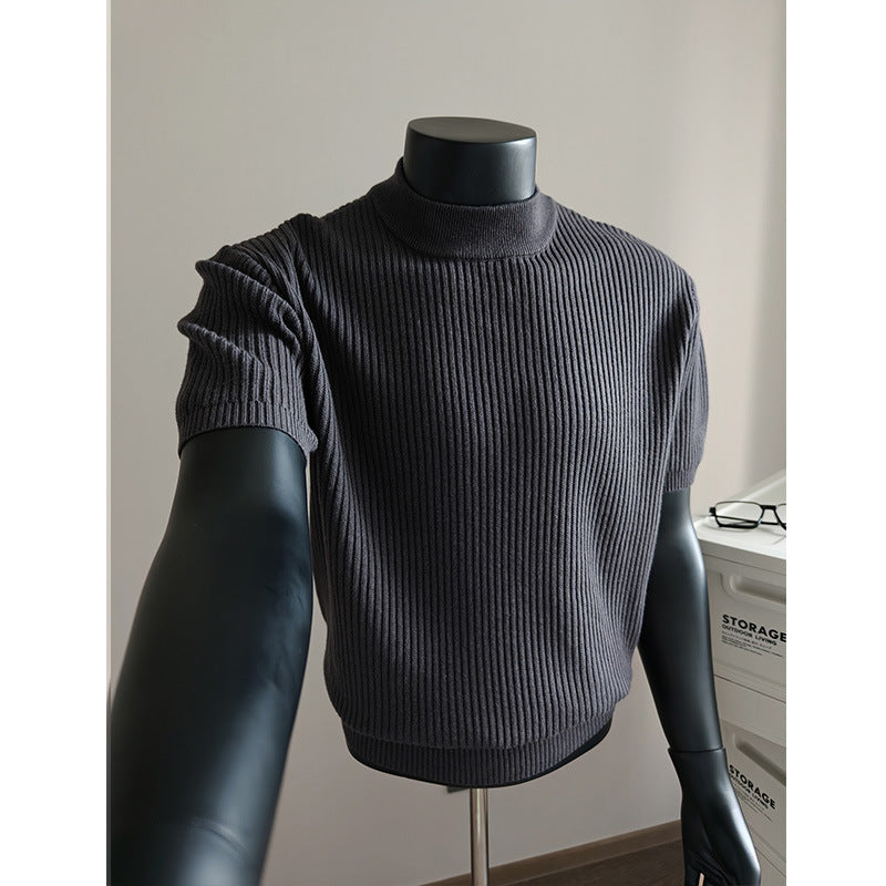 Men's short-sleeved ribbed knit shirt with stand-up collar and slim fit Mune Fashion