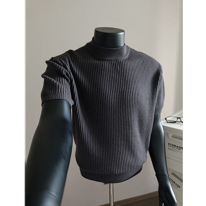 Men's short-sleeved ribbed knit shirt with stand-up collar and slim fit Mune Fashion