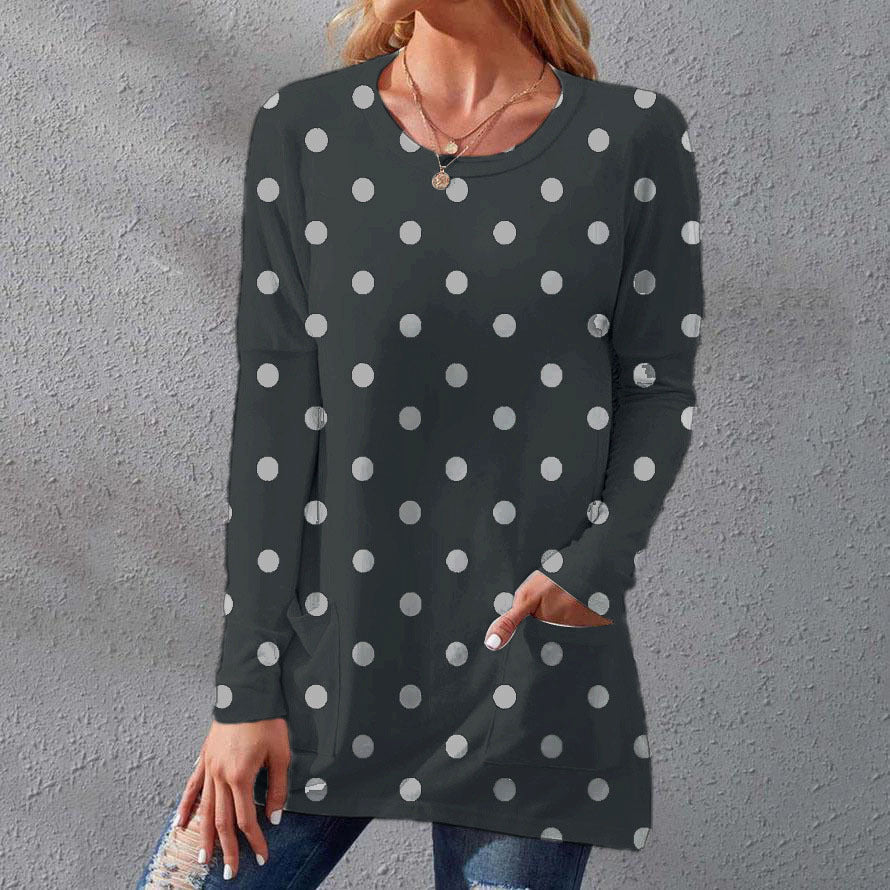 Women's long sleeve tunic with polka dot print and patch pockets Mune Fashion