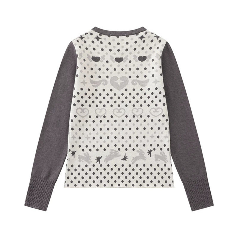Ladies fine knit pullover with jacquard motif, round neckline and contrast sleeves Mune Fashion