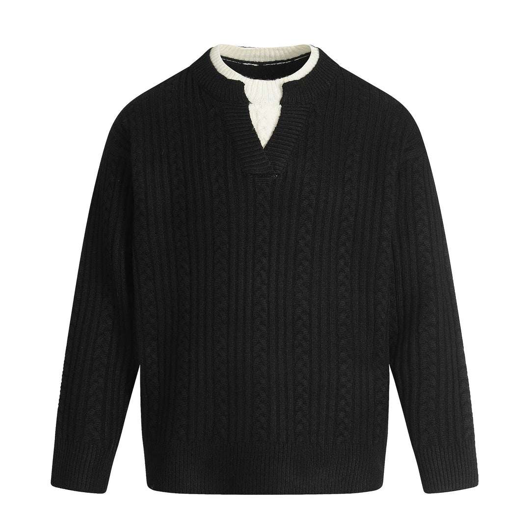Men's cable knit sweater with V-insert and double roll collar Mune Fashion