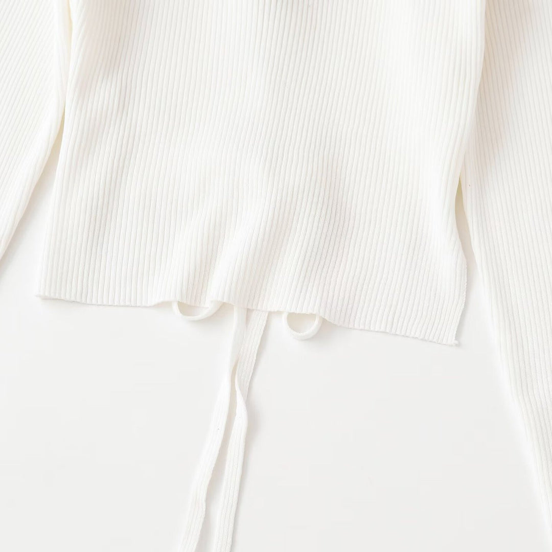 Women's short cut ribbed fine knit long sleeve with drawstring hood