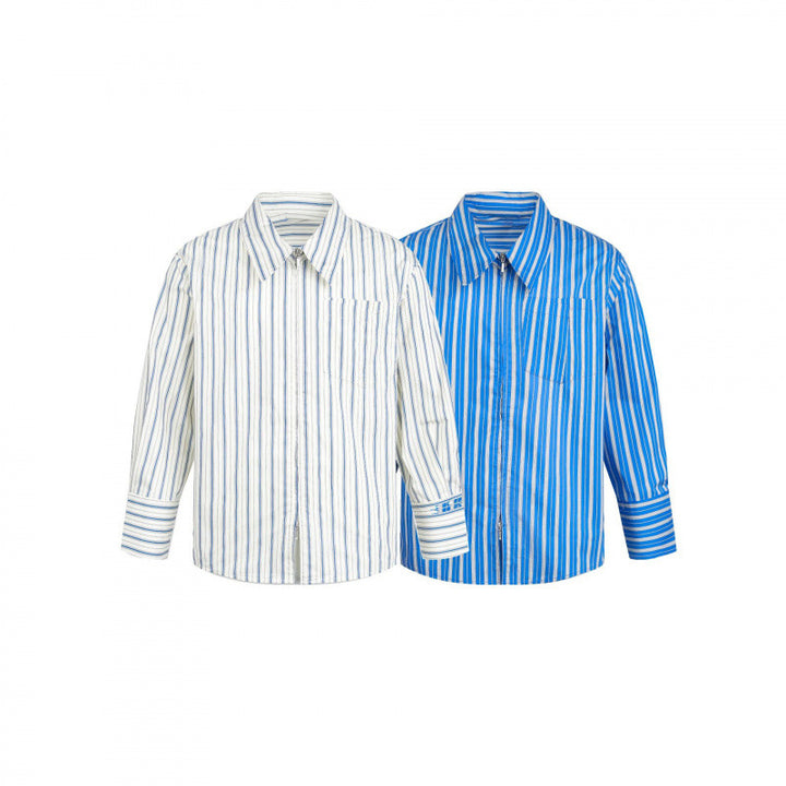 Women's Striped Oversized Blouse Shirt with Concealed Zipper and Chest Pocket Mune Fashion