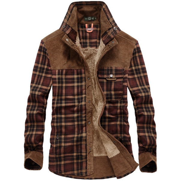 Men's checked thermal shirt jacket with teddy lining and cord shoulder yoke Mune Fashion