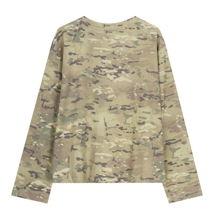 Women's Long Sleeve Henley Shirt in Waffle Knit with Military Camouflage Print and Button Placket Mune Fashion
