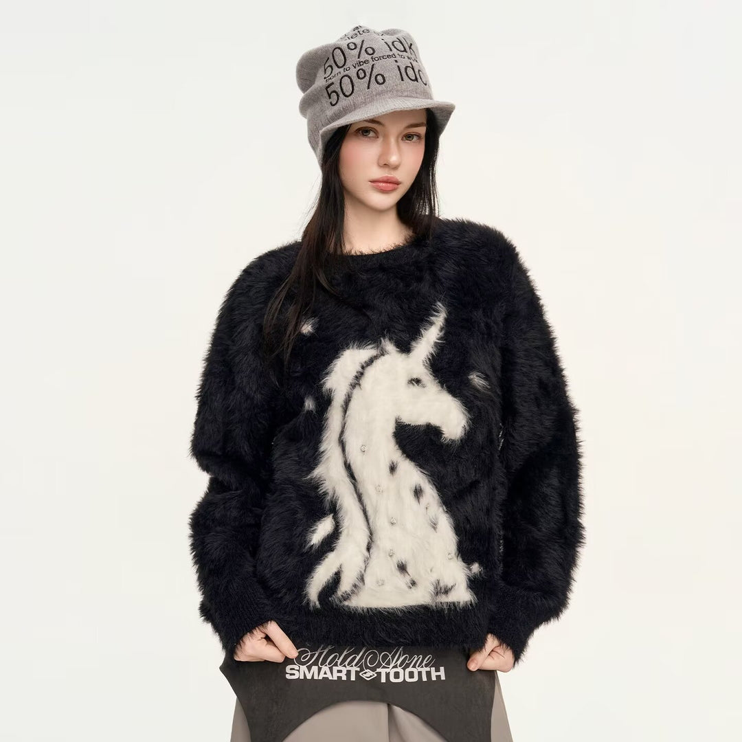 Ladies Cozy Chunky Knit Sweater with Unicorn Motif Mune Fashion