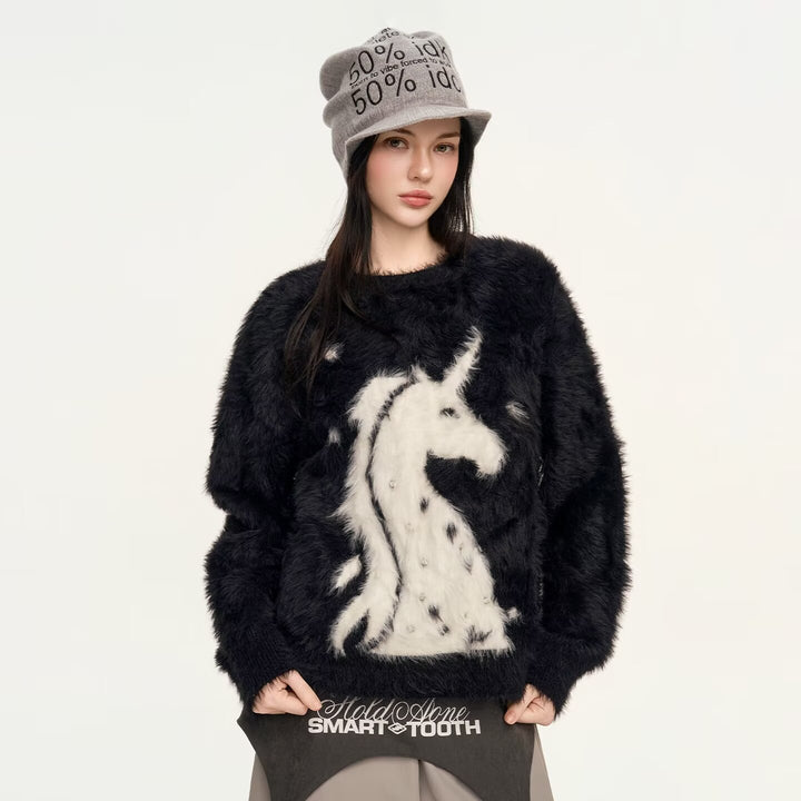 Ladies Cozy Chunky Knit Sweater with Unicorn Motif Mune Fashion
