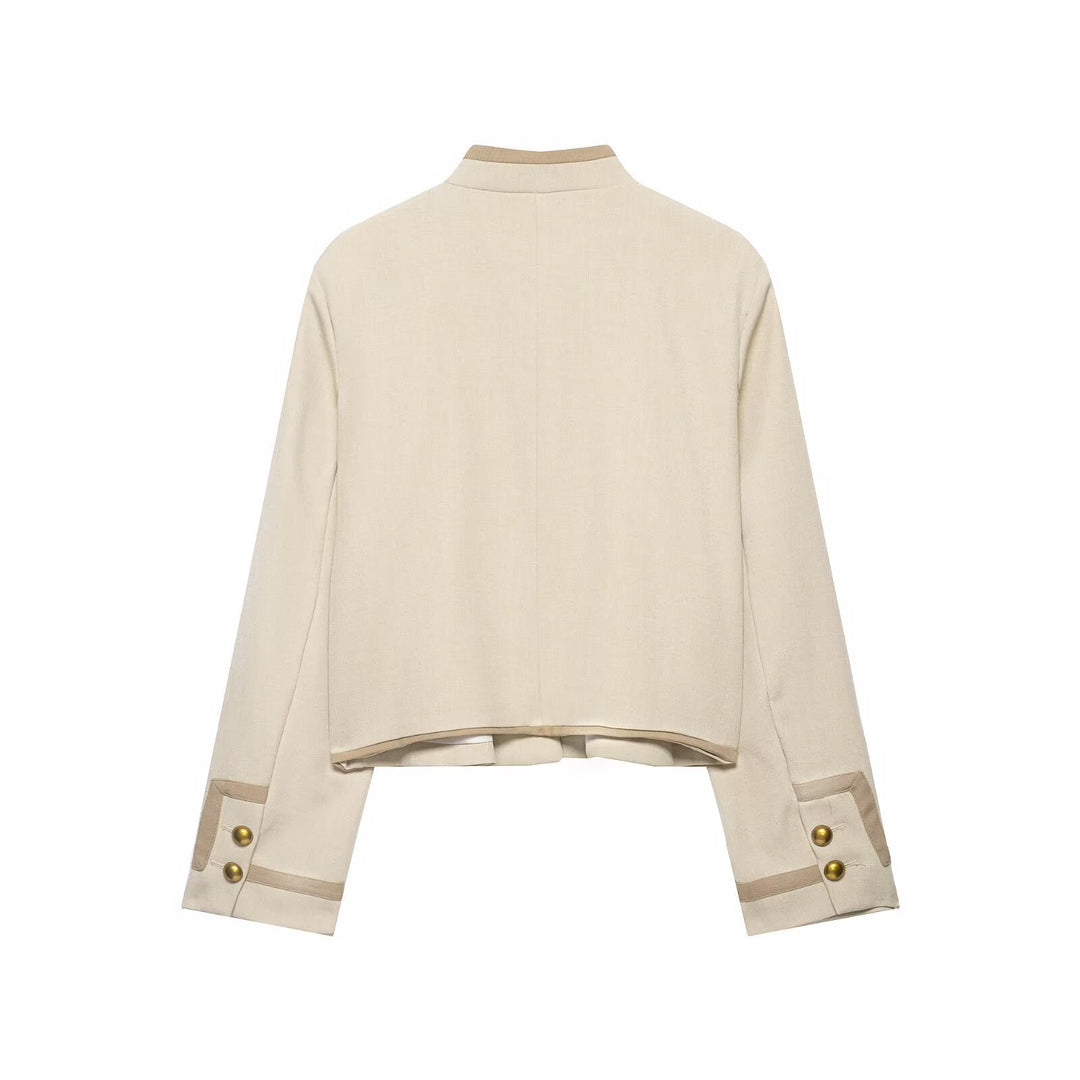 Ladies short jacket in military-inspired style with stand-up collar and decorative straps Mune Fashion