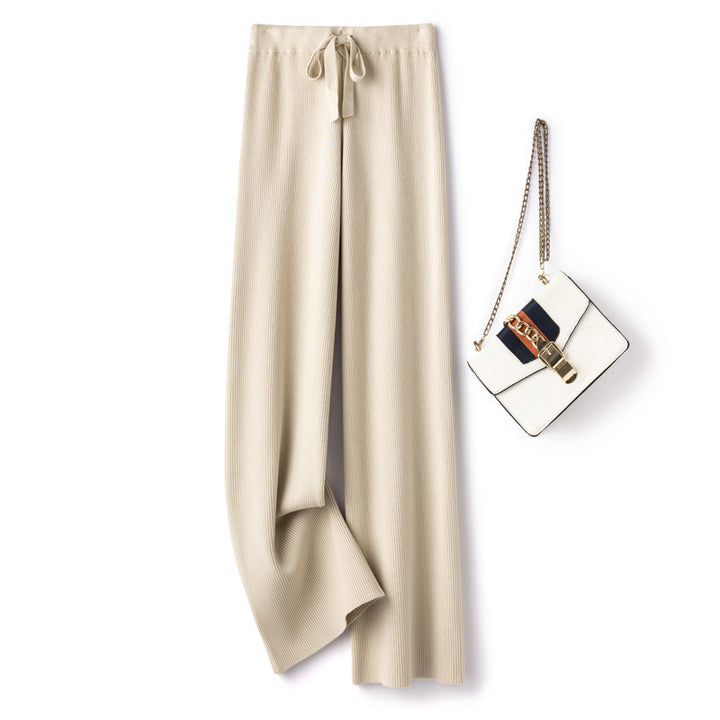 Women’s Wide Ribbed Knit Pants with Drawstring and Flowing Palazzo Silhouette Mune Fashion