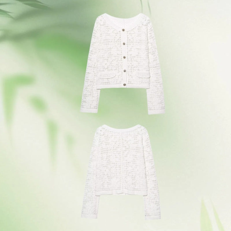 Women's Crocheted Short Jacket in Boucle Look with Decorative Buttons and Patch Pockets Mune Fashion