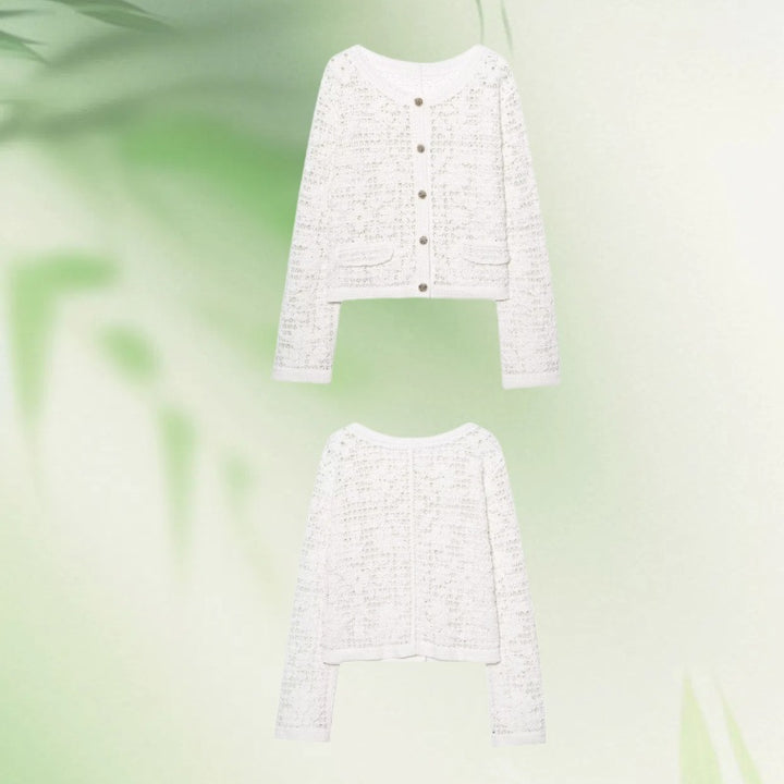 Women's Crocheted Short Jacket in Boucle Look with Decorative Buttons and Patch Pockets Mune Fashion