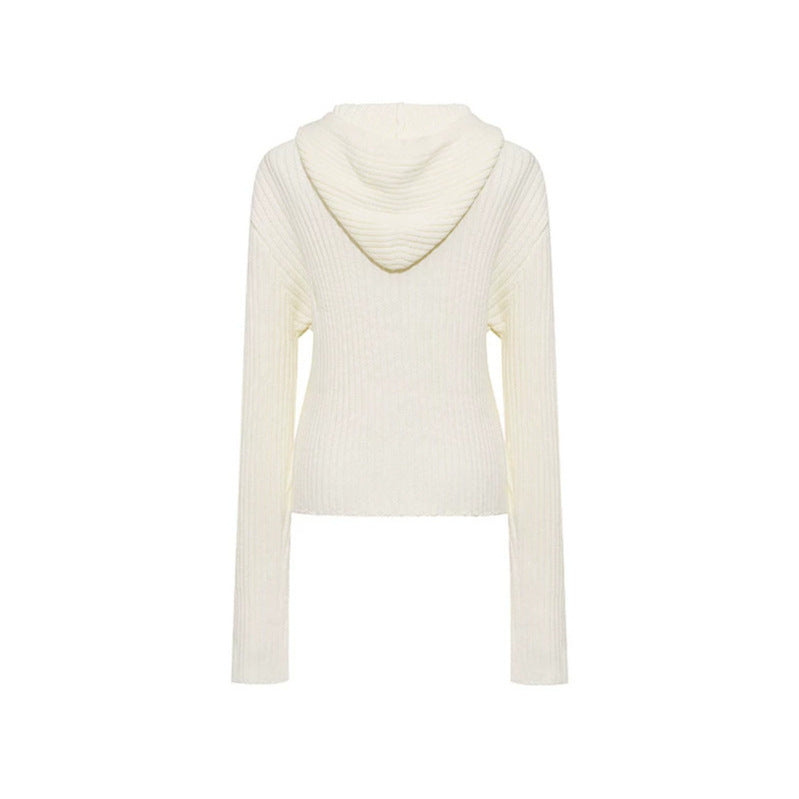 Women's ribbed hooded cardigan with zipper, decorative button placket and patch pockets Mune Fashion